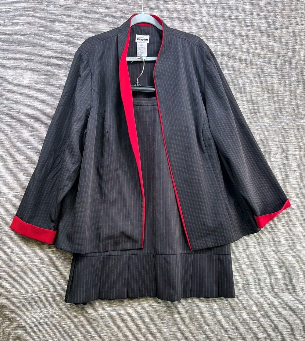Perceptions Skirt Suit Womens 22W Gray Pinstripe 2 Piece Jacket Skirt Red Trim